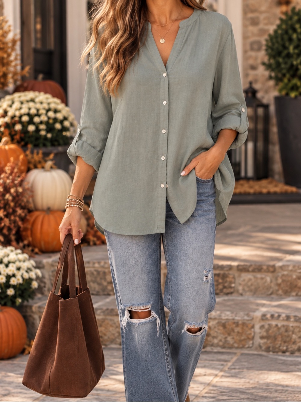 Sigrid Olsen Sage Green Linen Button-Front Shirt